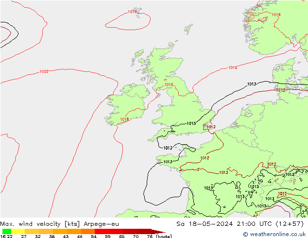 Max. wind velocity Arpege-eu sab 18.05.2024 21 UTC