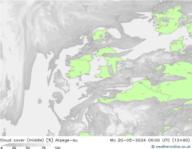 Cloud cover (middle) Arpege-eu Mo 20.05.2024 06 UTC