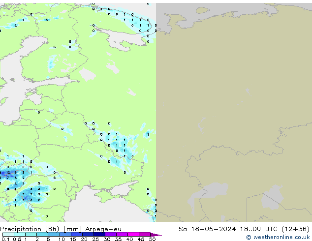 Precipitação (6h) Arpege-eu Sáb 18.05.2024 00 UTC