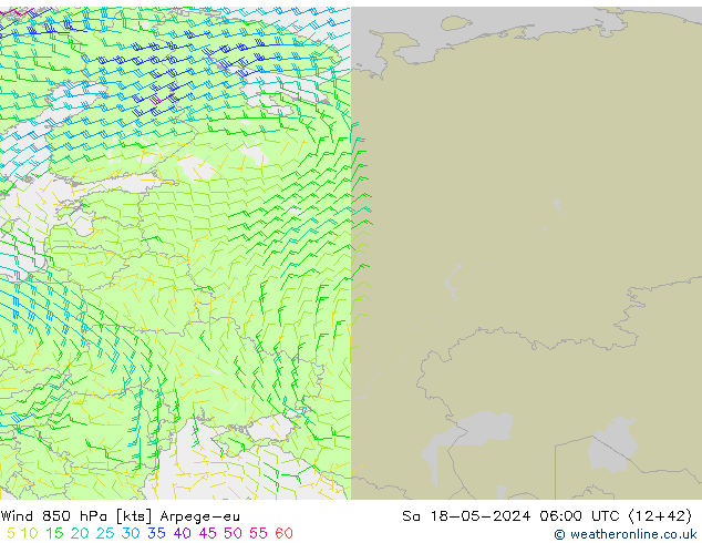 ветер 850 гПа Arpege-eu сб 18.05.2024 06 UTC