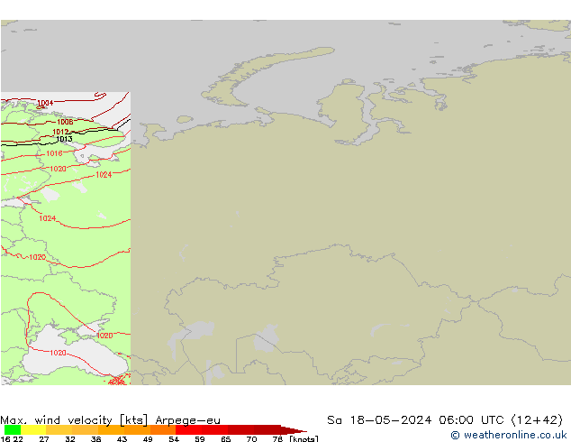 Max. wind velocity Arpege-eu Sa 18.05.2024 06 UTC