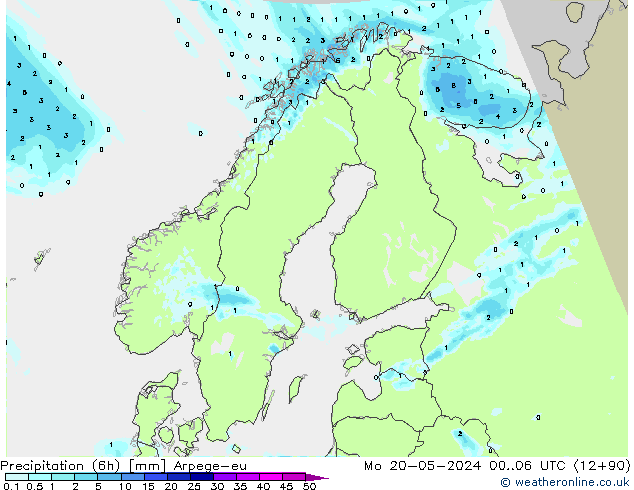 Précipitation (6h) Arpege-eu lun 20.05.2024 06 UTC