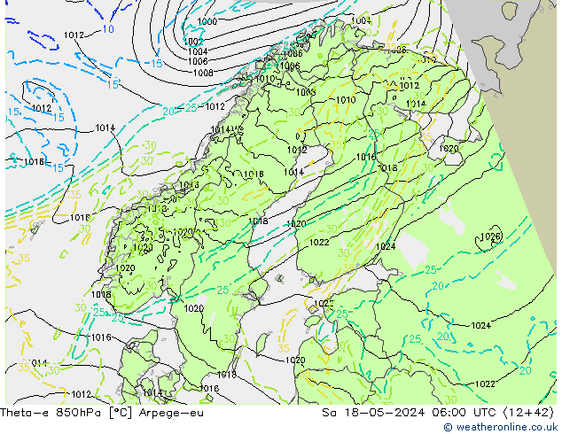 Theta-e 850hPa Arpege-eu so. 18.05.2024 06 UTC