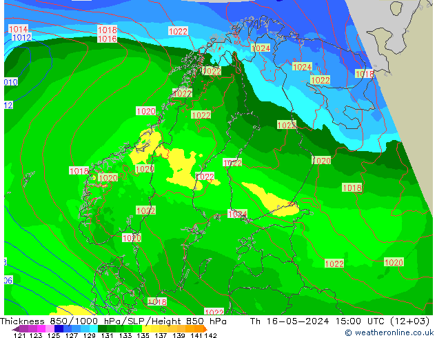 Espesor 850-1000 hPa Arpege-eu jue 16.05.2024 15 UTC