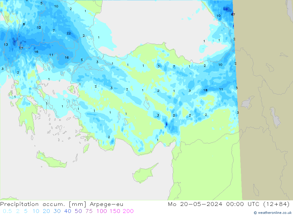 Totale neerslag Arpege-eu ma 20.05.2024 00 UTC