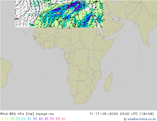 Vento 850 hPa Arpege-eu ven 17.05.2024 03 UTC