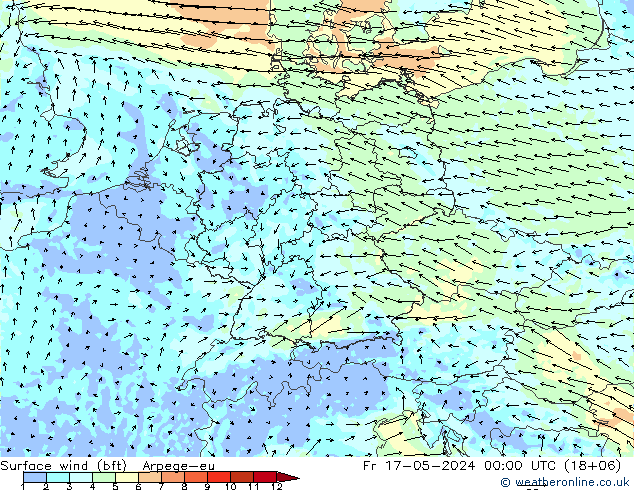 Surface wind (bft) Arpege-eu Fr 17.05.2024 00 UTC