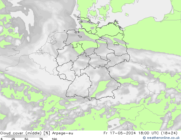Cloud cover (middle) Arpege-eu Fr 17.05.2024 18 UTC