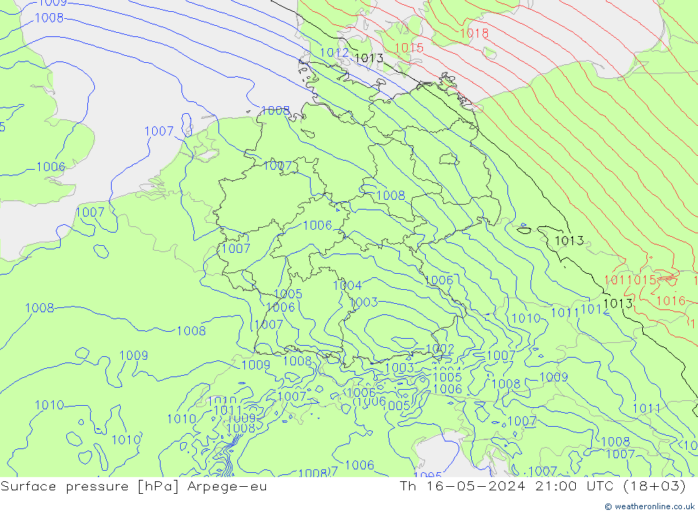 地面气压 Arpege-eu 星期四 16.05.2024 21 UTC