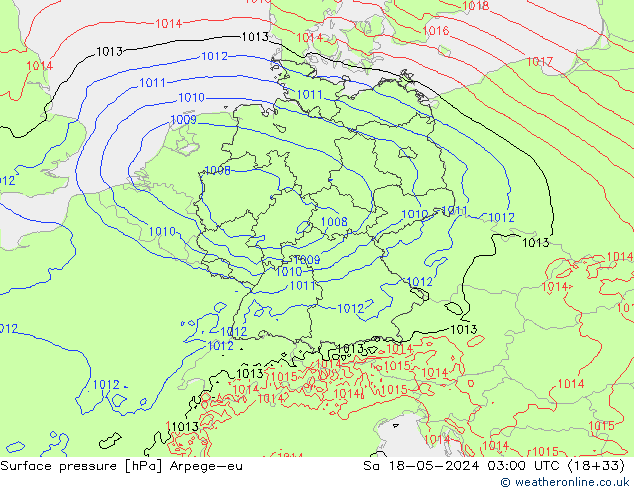 Presión superficial Arpege-eu sáb 18.05.2024 03 UTC