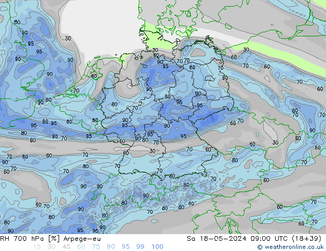 RH 700 hPa Arpege-eu Sa 18.05.2024 09 UTC