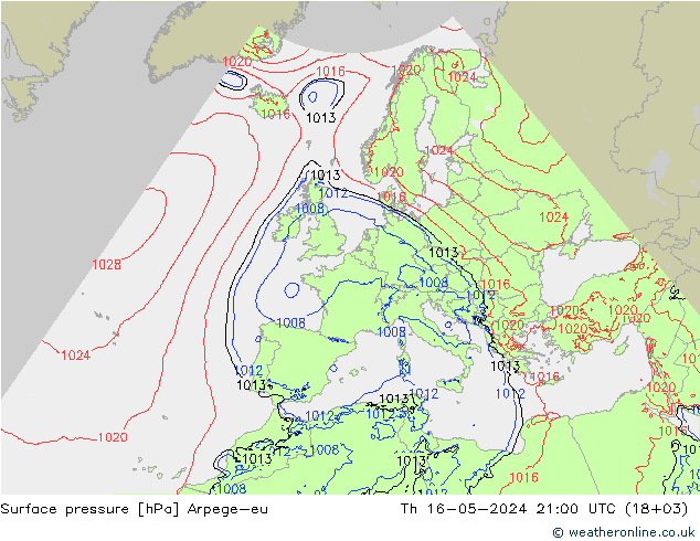 Presión superficial Arpege-eu jue 16.05.2024 21 UTC