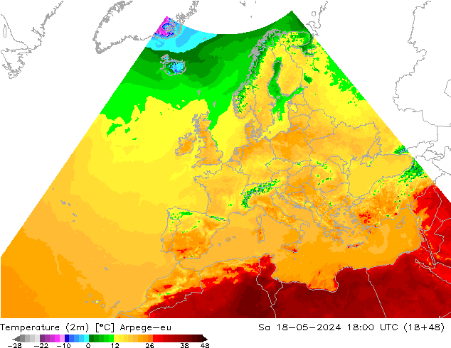 température (2m) Arpege-eu sam 18.05.2024 18 UTC