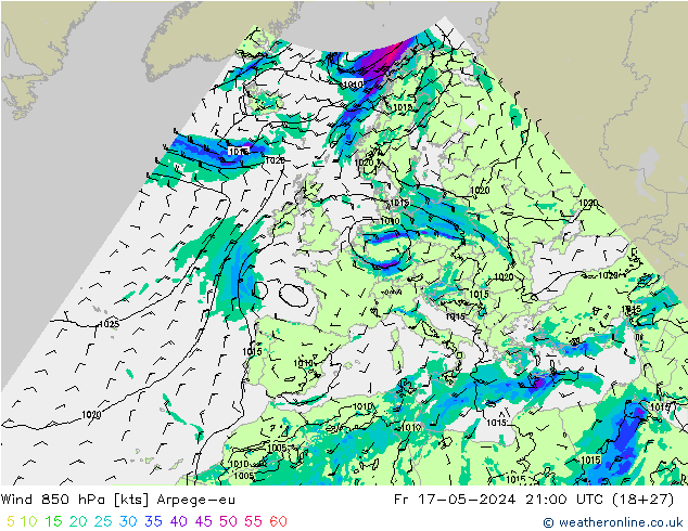 Wind 850 hPa Arpege-eu Fr 17.05.2024 21 UTC
