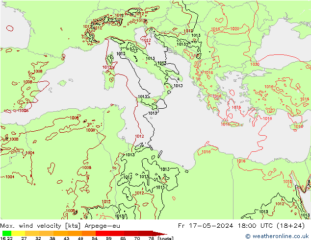 Max. wind velocity Arpege-eu  17.05.2024 18 UTC