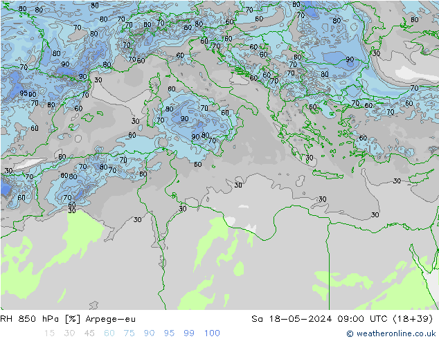 Humidité rel. 850 hPa Arpege-eu sam 18.05.2024 09 UTC