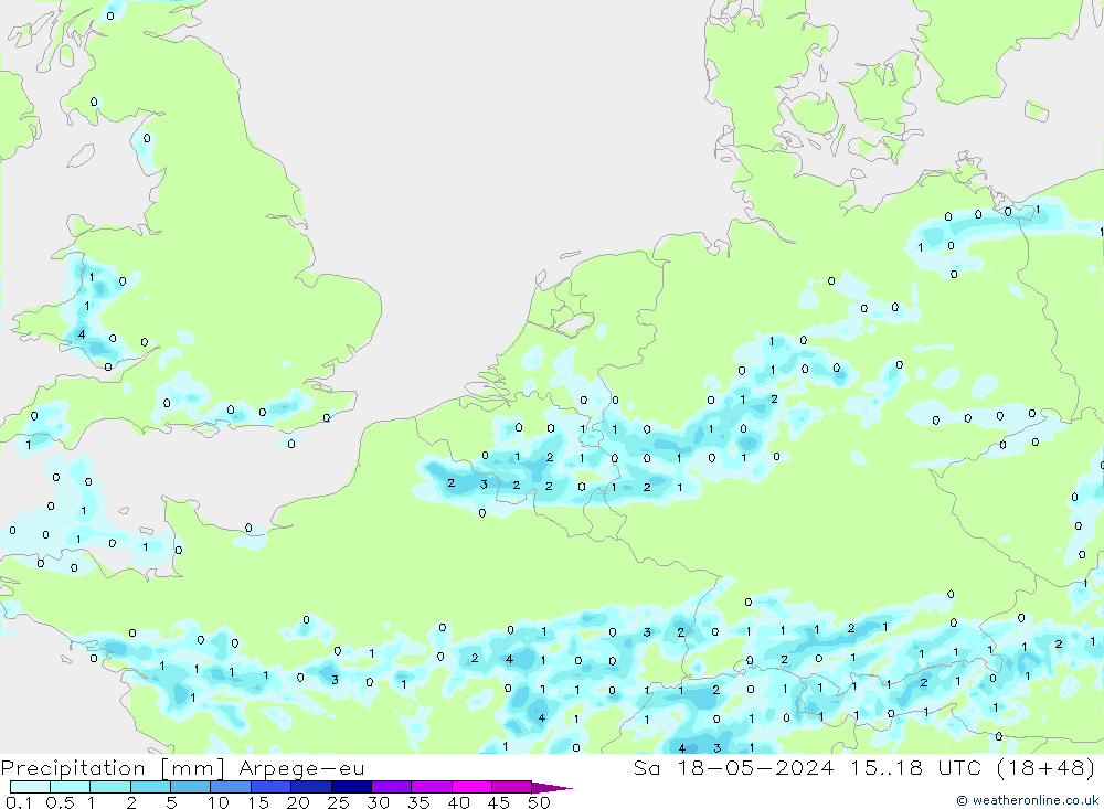 Srážky Arpege-eu So 18.05.2024 18 UTC