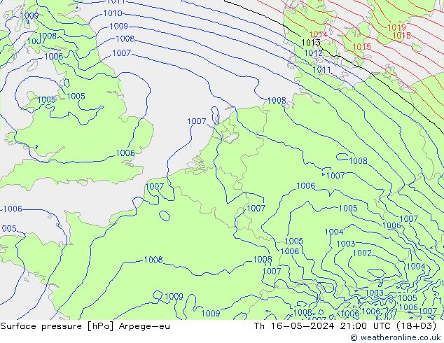 Presión superficial Arpege-eu jue 16.05.2024 21 UTC