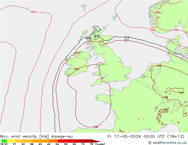 Max. wind velocity Arpege-eu  17.05.2024 06 UTC