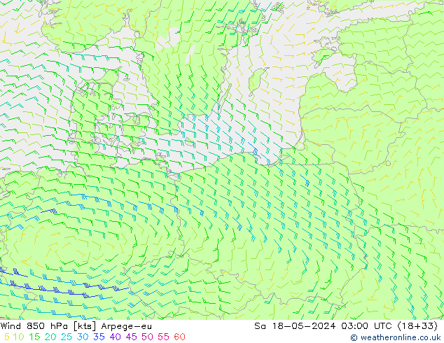 Wind 850 hPa Arpege-eu Sa 18.05.2024 03 UTC