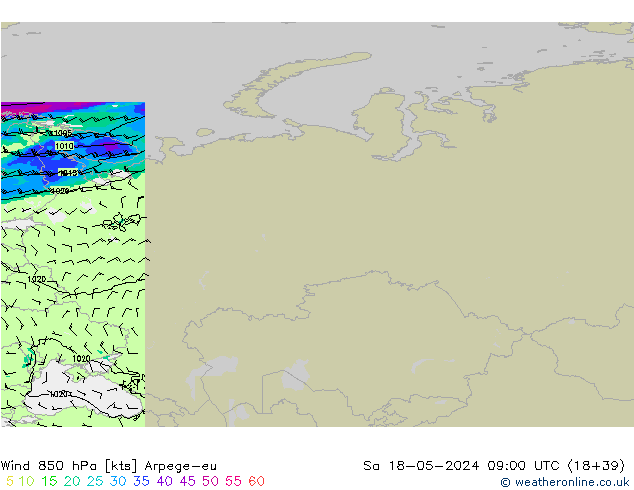 Viento 850 hPa Arpege-eu sáb 18.05.2024 09 UTC