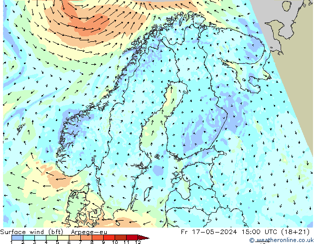Surface wind (bft) Arpege-eu Pá 17.05.2024 15 UTC