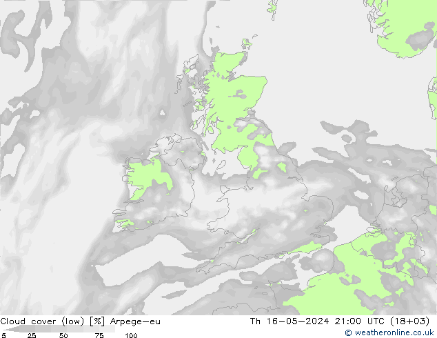 Nubes bajas Arpege-eu jue 16.05.2024 21 UTC