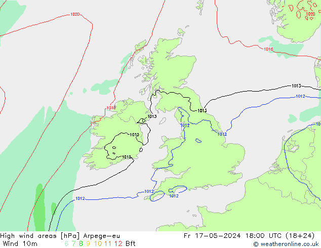 High wind areas Arpege-eu пт 17.05.2024 18 UTC