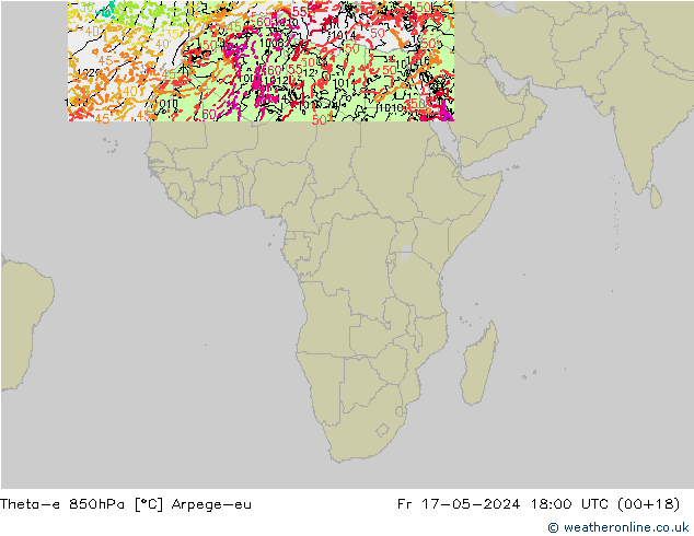 Theta-e 850гПа Arpege-eu пт 17.05.2024 18 UTC