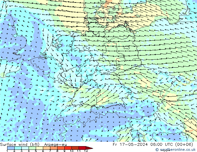 Surface wind (bft) Arpege-eu Fr 17.05.2024 06 UTC