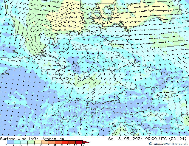 �N 10 米 (bft) Arpege-eu 星期六 18.05.2024 00 UTC