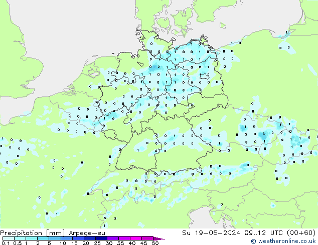 Precipitazione Arpege-eu dom 19.05.2024 12 UTC