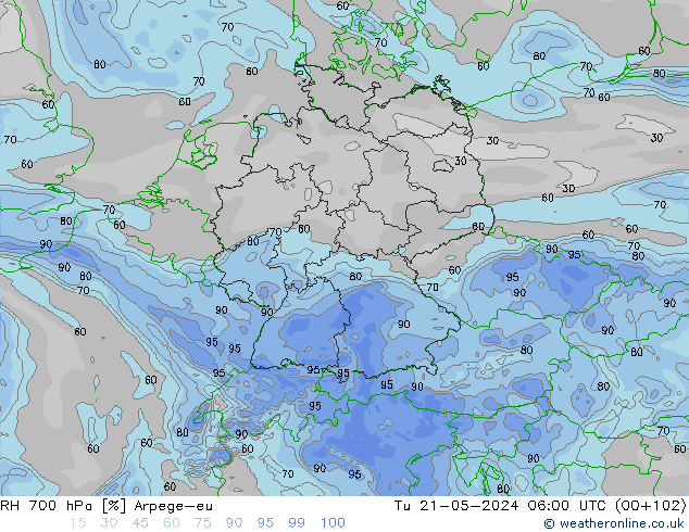 Humidité rel. 700 hPa Arpege-eu mar 21.05.2024 06 UTC