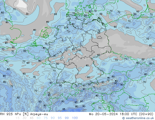 Humidité rel. 925 hPa Arpege-eu lun 20.05.2024 18 UTC