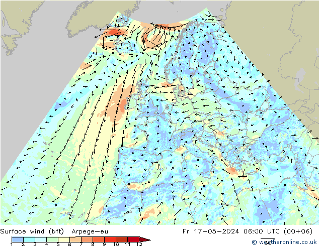 Surface wind (bft) Arpege-eu Fr 17.05.2024 06 UTC