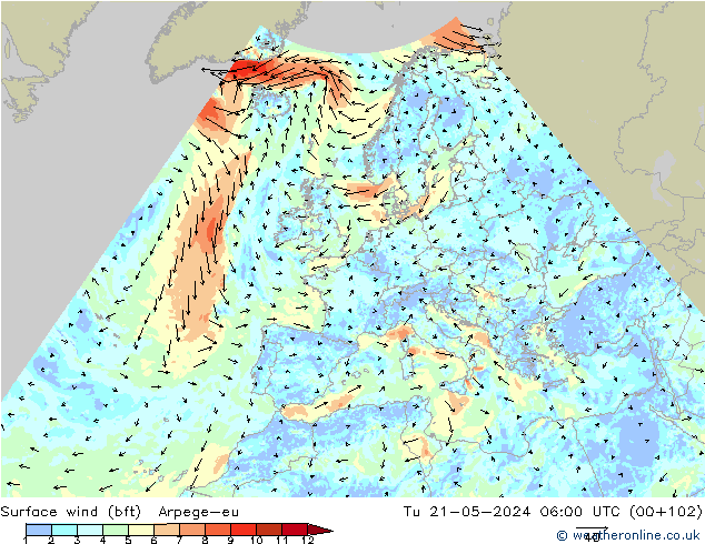 wiatr 10 m (bft) Arpege-eu wto. 21.05.2024 06 UTC
