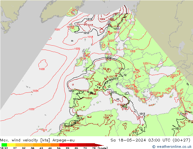 Max. wind velocity Arpege-eu Sa 18.05.2024 03 UTC