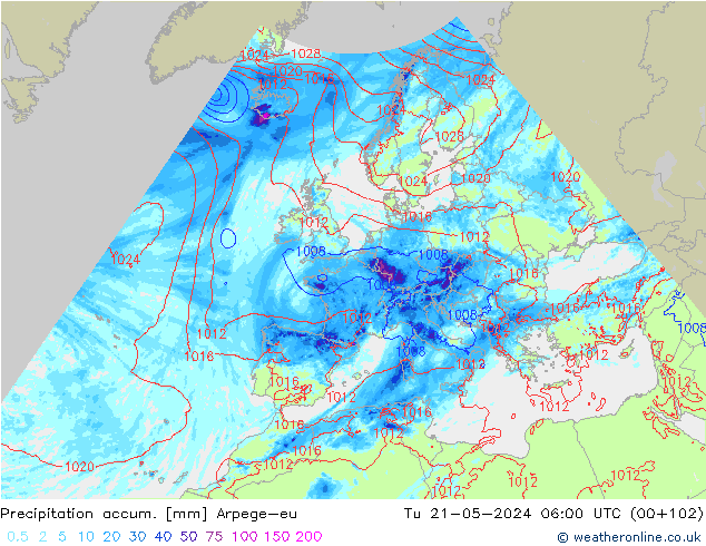 Precipitation accum. Arpege-eu Út 21.05.2024 06 UTC