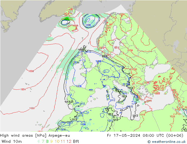 High wind areas Arpege-eu ven 17.05.2024 06 UTC