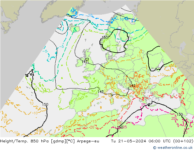 Hoogte/Temp. 850 hPa Arpege-eu di 21.05.2024 06 UTC