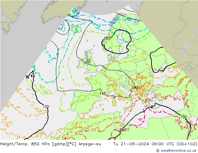 Height/Temp. 850 hPa Arpege-eu Tu 21.05.2024 06 UTC