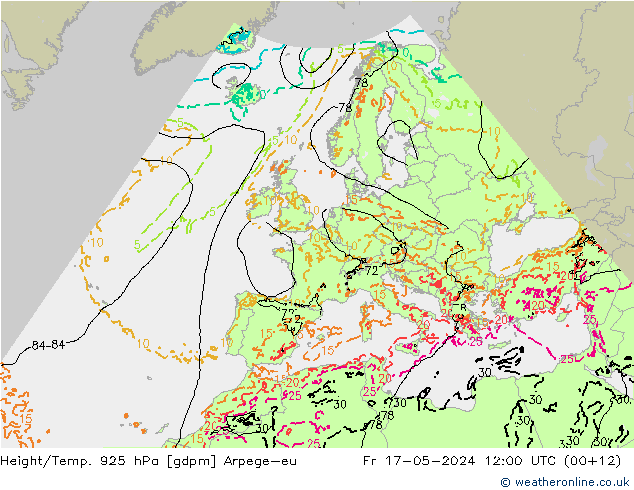 Yükseklik/Sıc. 925 hPa Arpege-eu Cu 17.05.2024 12 UTC