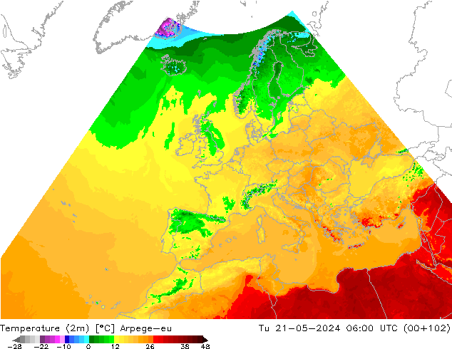 Temperatura (2m) Arpege-eu Ter 21.05.2024 06 UTC