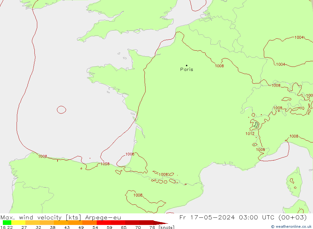Max. wind snelheid Arpege-eu vr 17.05.2024 03 UTC
