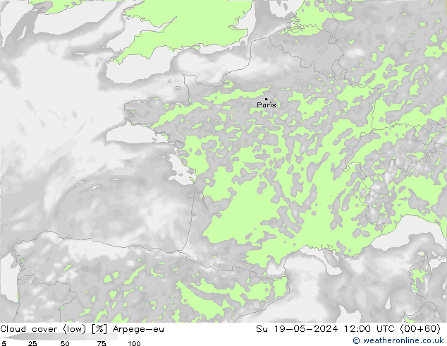 Cloud cover (low) Arpege-eu Su 19.05.2024 12 UTC