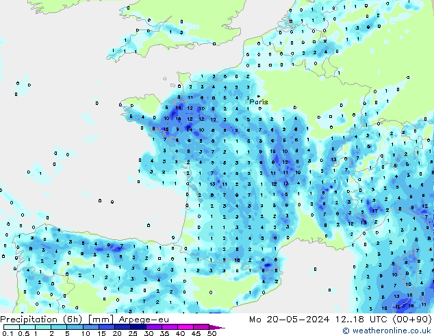 Precipitação (6h) Arpege-eu Seg 20.05.2024 18 UTC