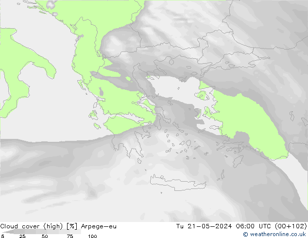 Cloud cover (high) Arpege-eu Tu 21.05.2024 06 UTC