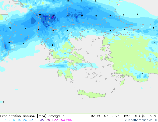 Precipitation accum. Arpege-eu Mo 20.05.2024 18 UTC
