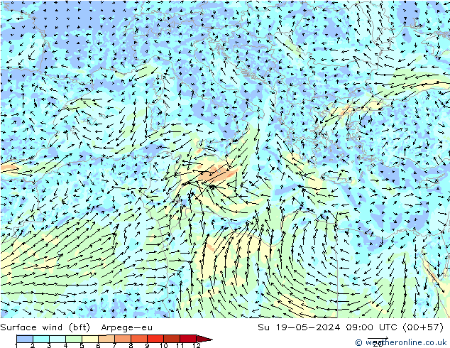 Wind 10 m (bft) Arpege-eu zo 19.05.2024 09 UTC