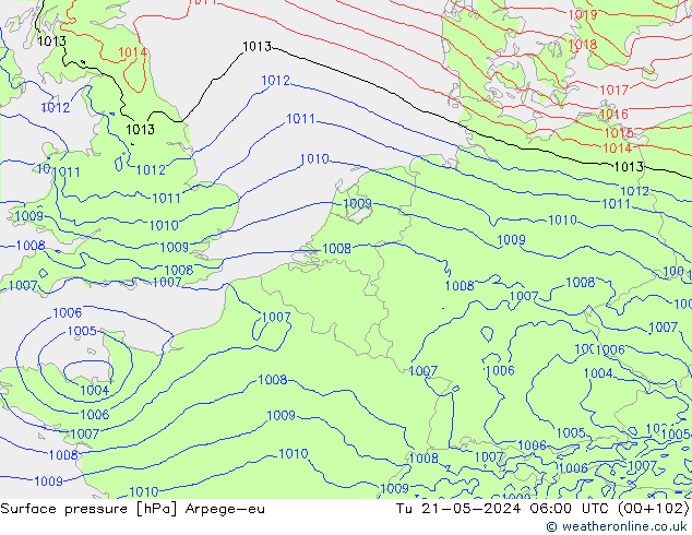 Surface pressure Arpege-eu Tu 21.05.2024 06 UTC